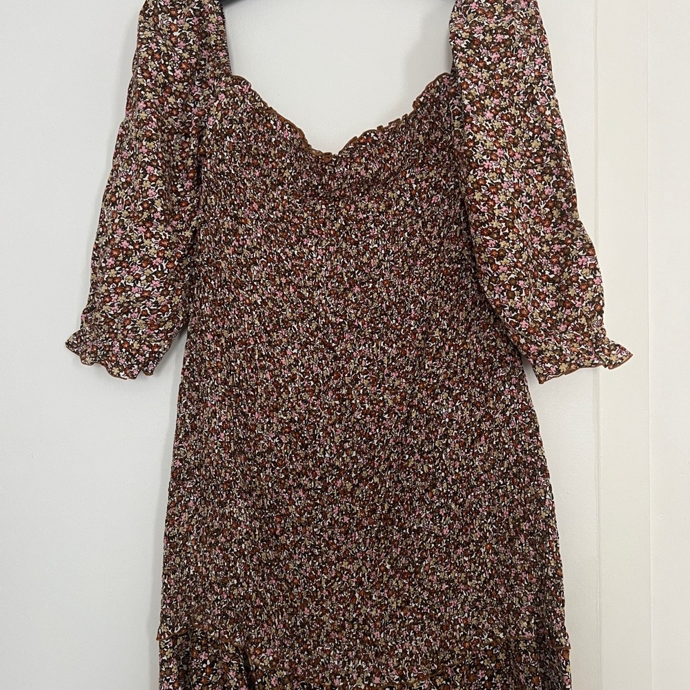 Faithfull the Brand Brown and White Ruched Puff Sleeve Sundress